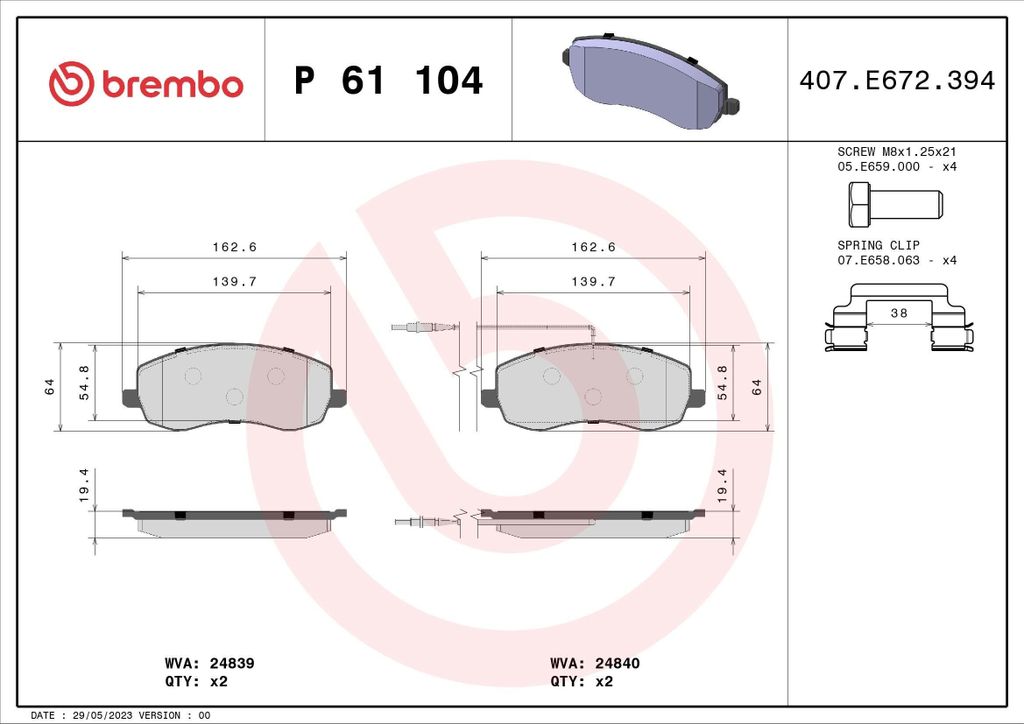 BREMBO P 61 104 - OE 425394 Bremsbeläge für 807 (EB), C8 (EA, EB), Ulysse