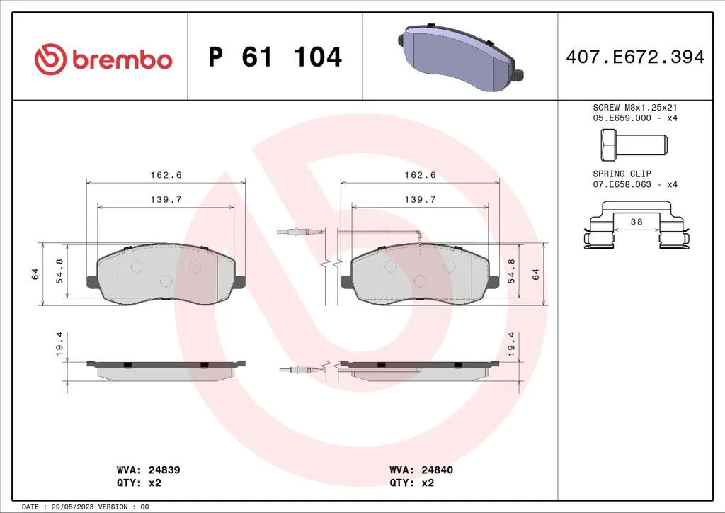 Plaquettes de frein Brembo P 61 104 Haute Performance OE 425394