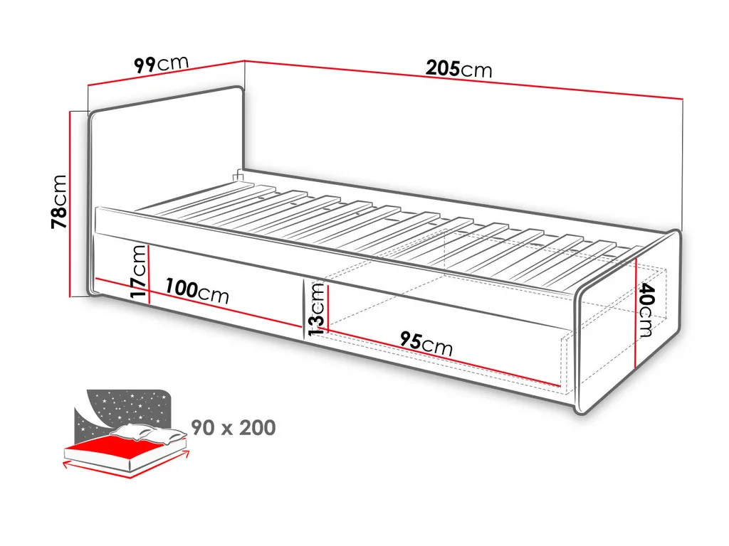 Lit 90x200 gris perle et chêne RENI avec grand coffre de rangement bas - 5