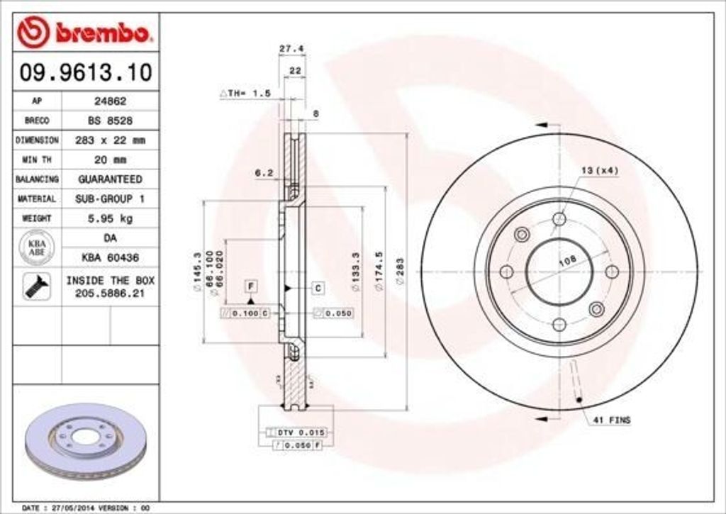 BREMBO 09.9613.10 - OE 4246G1 Bremsscheibe für 306, 405 II
