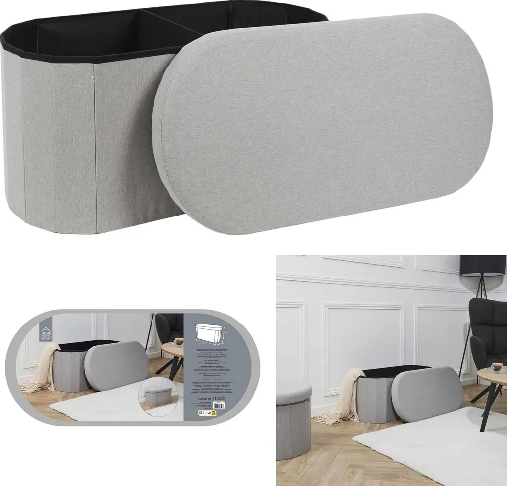 Grand pouf gris pliable 76 cm : solution de rangement et siège d'appoint - 7