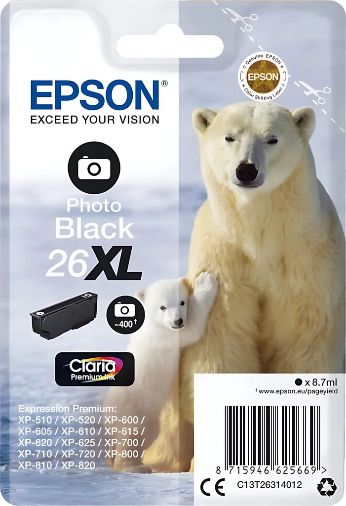 Cartouche d'encre Noire Photo Epson 26XL Claria Premium Haute Capacité