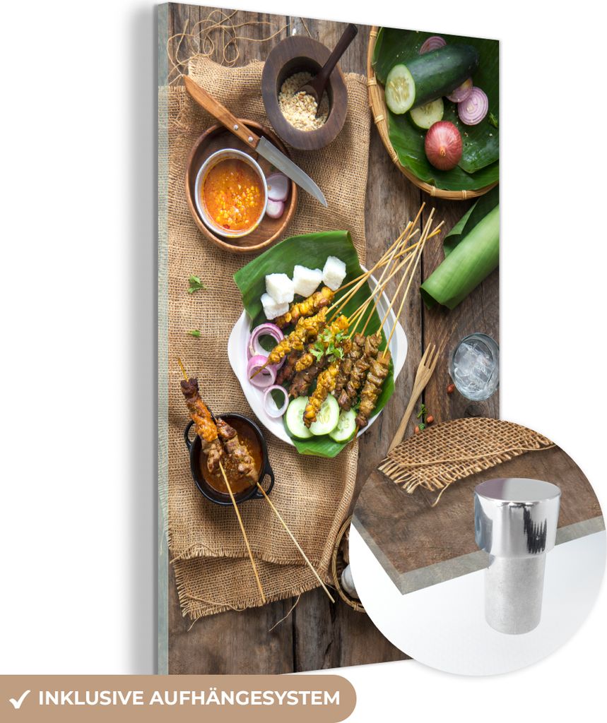 MuchoWow Glasbilder - Bilder auf Wandbild - Foto auf Glas Draufsicht auf das Essen mit malaysischem Hühnchen-Satay 40x60 cm Wanddekoration aus Gla...
