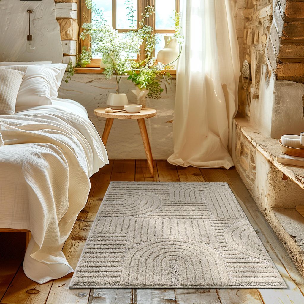 Homebyhome Hochflor Teppich Skandi Stil, Weich & Flauschig mit Boho Design in 3D-Optik Grösse 80x150 cm