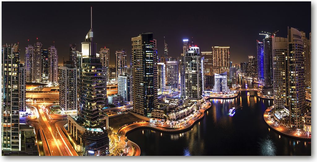Tulup Glas-Bild -140x70- Wandkunst Dekorative Wand für Küche & Wohnzimmer - Sehenswürdigkeiten & Architektur - Marina in Dubai - Schwarz