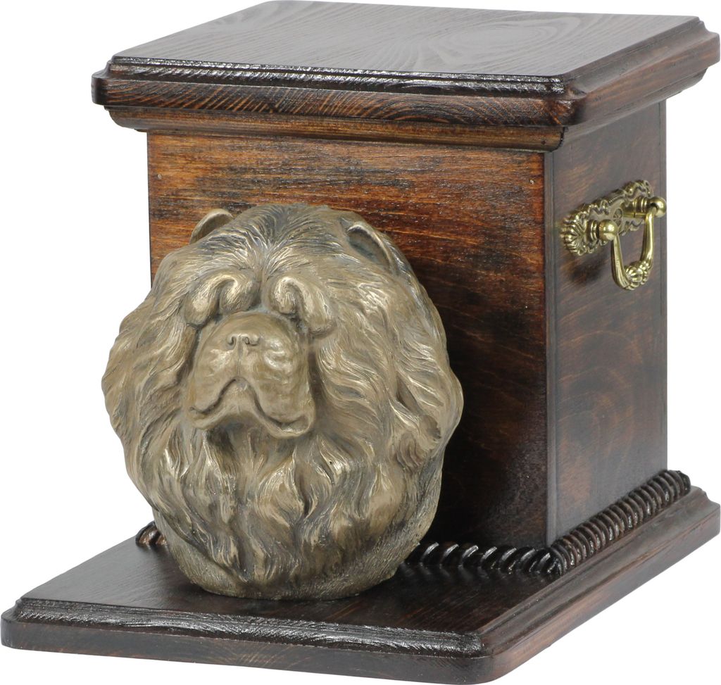 Chow Chow - Eine Urne für die Asche eines Hundes mit einer Statuette, eine elegante Urne für einen Hund, eine außergewöhnliche Urne mit dem Por...