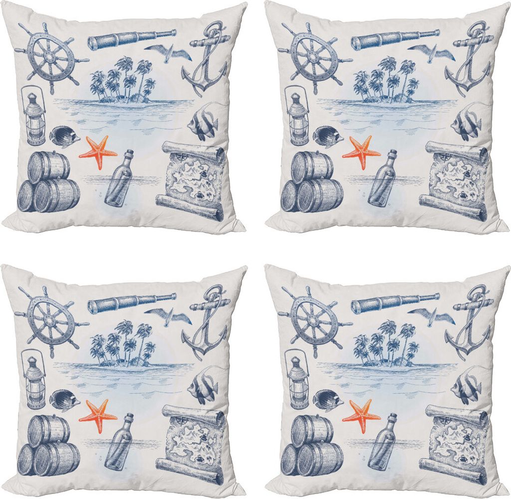 ABAKUHAUS Reise Kissenbezug Set (4 Stück), Abenteuer Tropical Island, Moderner Doppelseitiger Digitaldruck, 60 cm x 60 cm, Dark Blue Orange Weiss