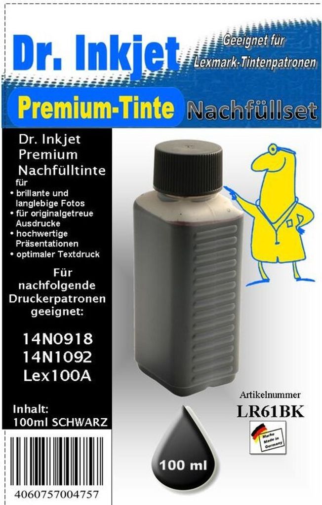 LR61BK - schwarz - Dr.Inkjet Premium Nachfülltinte 100ml für Lexmark Tintentankdruckerpatronen