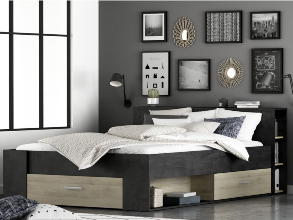 Bett Polly 140 x 190 cm-Sidewalk schwarz/Kronberger Eiche