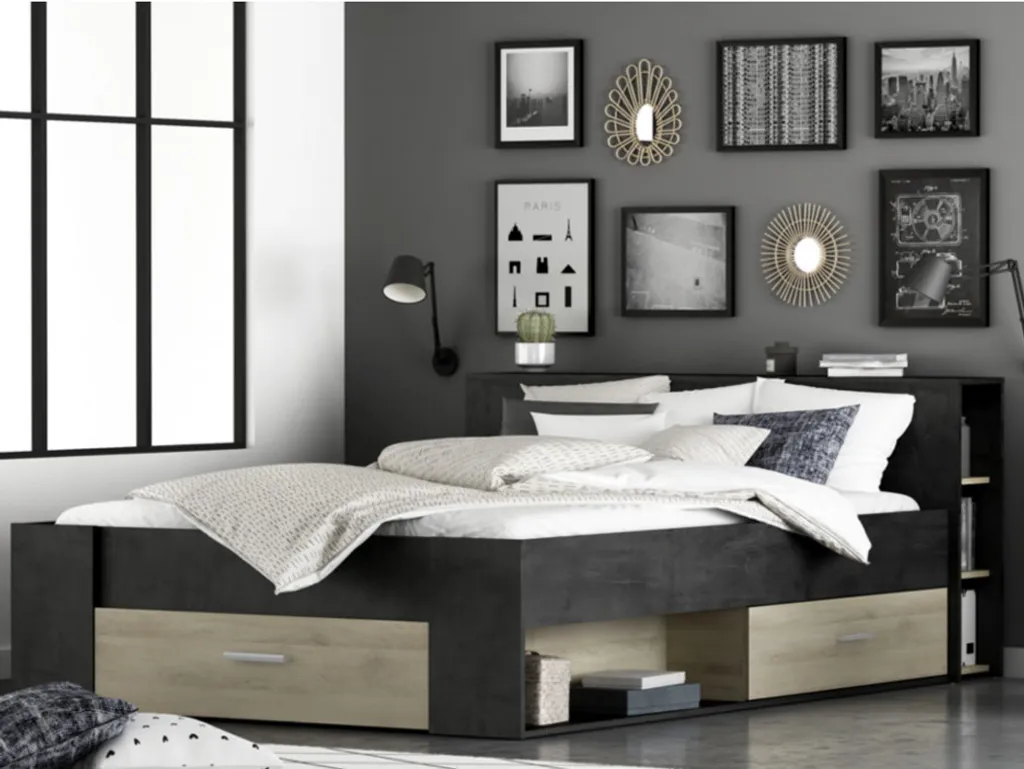 Lit LEONIS 140x190cm Anthracite et Chêne : Gain de place et design