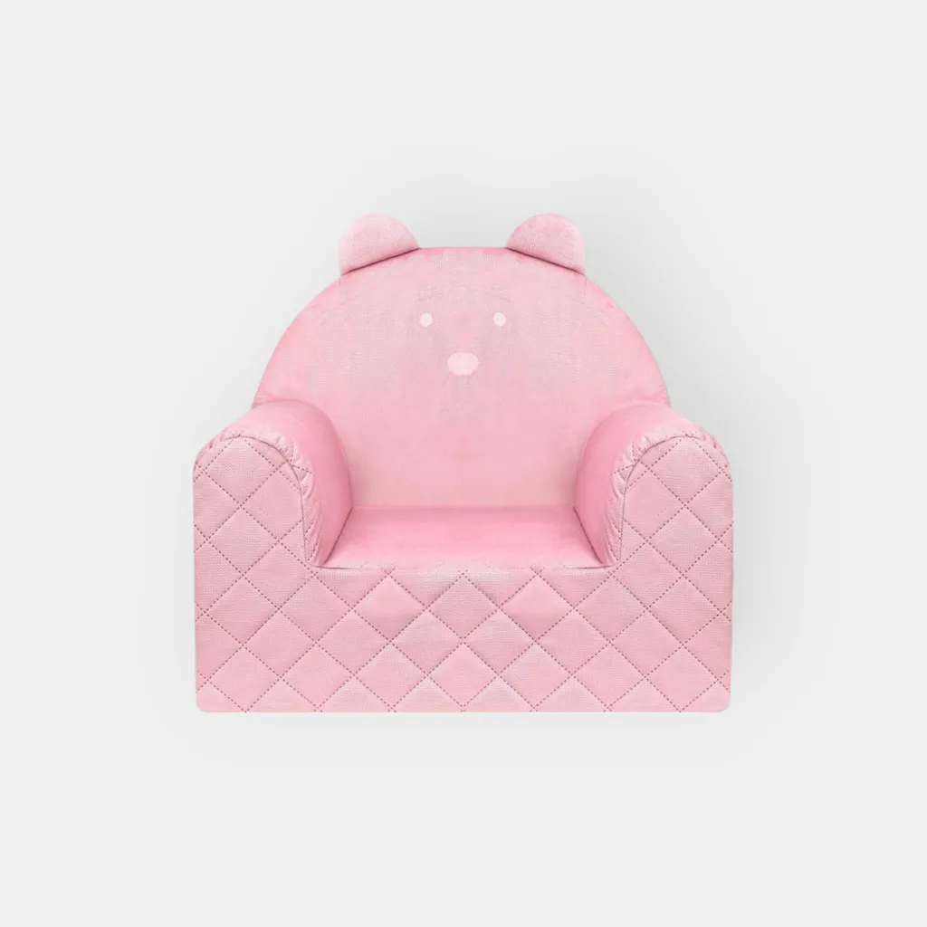 Fauteuil enfant ourson en velours rose et mousse - Fabriqué en UE