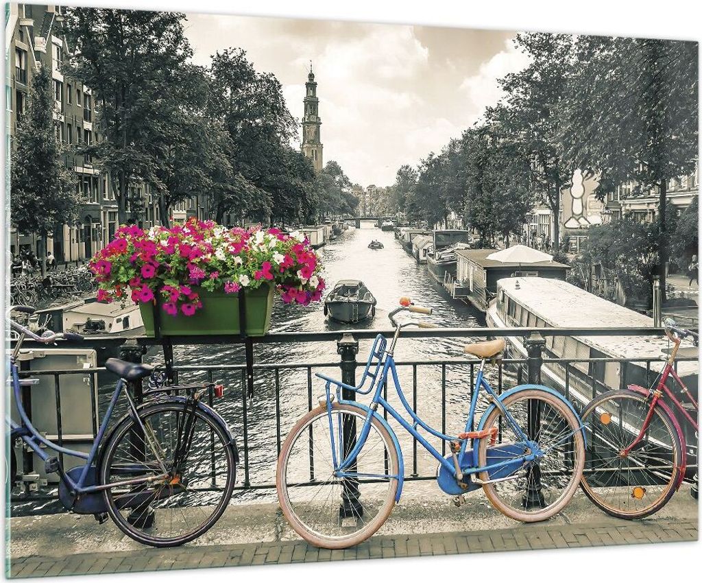 Bilder auf glas - Einteilig - Amsterdam Fahrräder Brücke - 100x70cm - Glasbilder - Wandbilder - Bilder - Wanddekoration aus Glas - Glas Bilder - ...