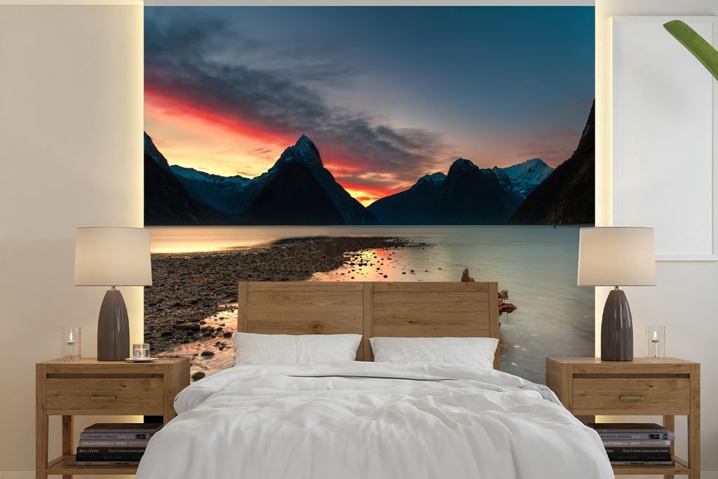 MuchoWow Fototapete für Wohnzimmer oder Schlafzimmer Wandtapete Vinyl Motivtapete Sonnenuntergang im Fiordland-Nationalpark in Neuseeland - 300x...