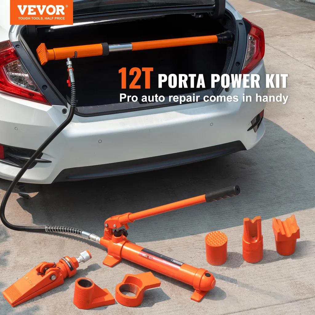 Kit di cilindri idraulici VEVOR, martinetto idraulico portatile da 12 t, con tubo flessibile dell'olio da 1,4 m, kit di riparazione del telaio dell'auto con custodia per la riparazione di auto, camion, aziende agricole, arancione - 2