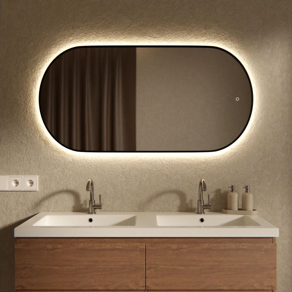 Mirlux LED Badspiegel oval 120 x 60 cm mit schwarzem Rahmen Produktbild 