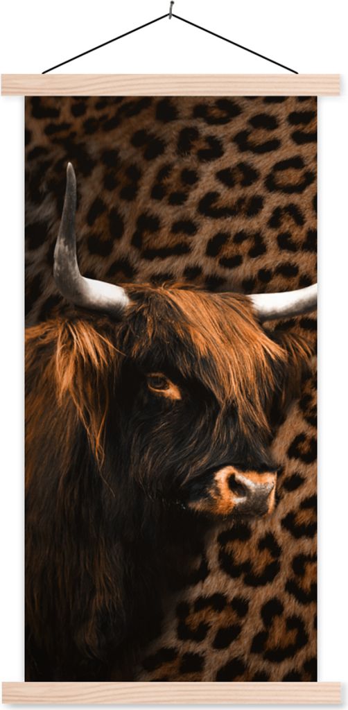MuchoWow Textilposter Schottisches Hochlandrind - Pelz - Pantherdruck 60x120 cm mit holzfarbenen Rahmen - Holz