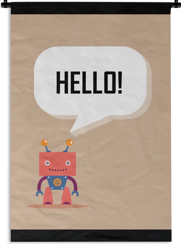 MuchoWow Wandteppich Wandbehang Sprichwörter - Zitate - Hallo! - Roboter - Zahnrad - Kinder 60x90 cm Tapisserie Dekoration Wandtuch - Foto-Teppi...