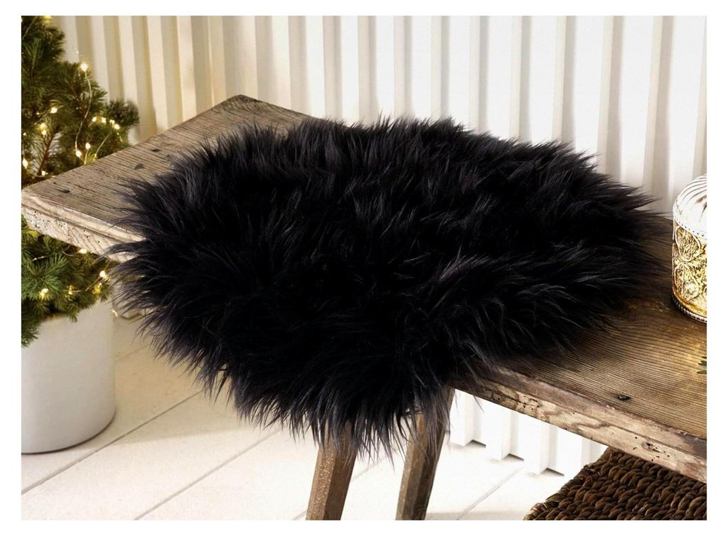 Sitzkissen aus Kunstfell in Schwarz, Ø 40 cm, Dekofell, Stuhlauflage, Sitzpolster, Stuhlkissen