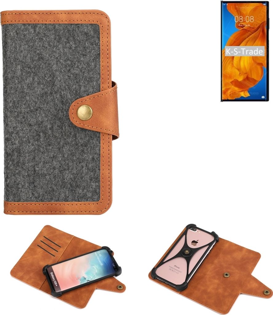 K-S-Trade Schutzhülle Handyhülle kompatibel mit Huawei Mate Xs Filz Hülle Kunst-Leder dunkelgrau braun (1x)