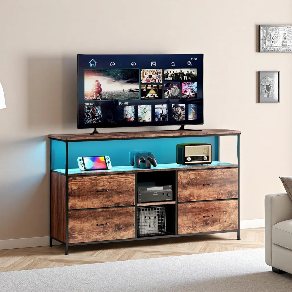 Porta TV Vintage 108 cm Metallo e Legno Tigrato - 4 Cassetti Soft