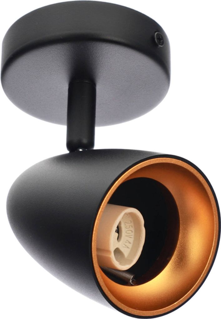 A black and gold ceiling spotlight with a GU10 socket.