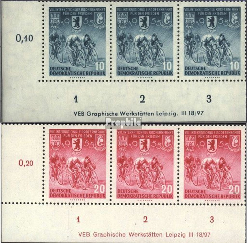 Briefmarken DDR 1955 Mi 470Y I DV-471Y I DV mit Druckvermerk (kompl.Ausg.) seltenes Wasserzeichen gestempelt Internationale Radfernfahrt für den F...