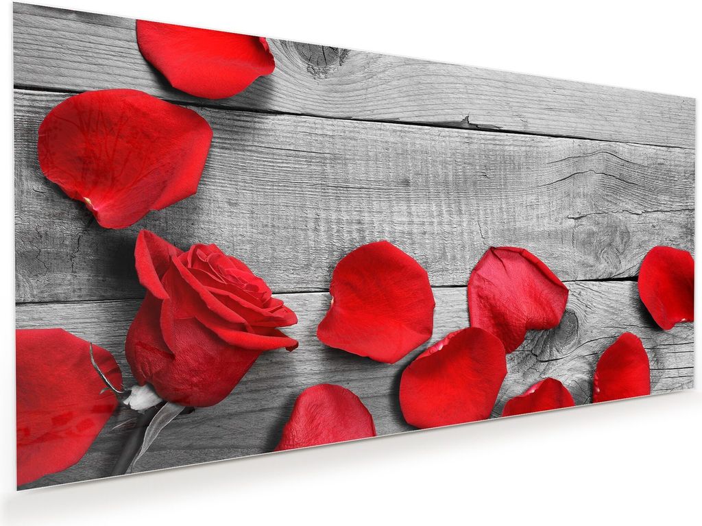 Glasbild Wandbild Rosenblätter auf Holztisch 80x40cm in XXL für Wohnzimmer, Schlafzimmer, Badezimmer, Flur