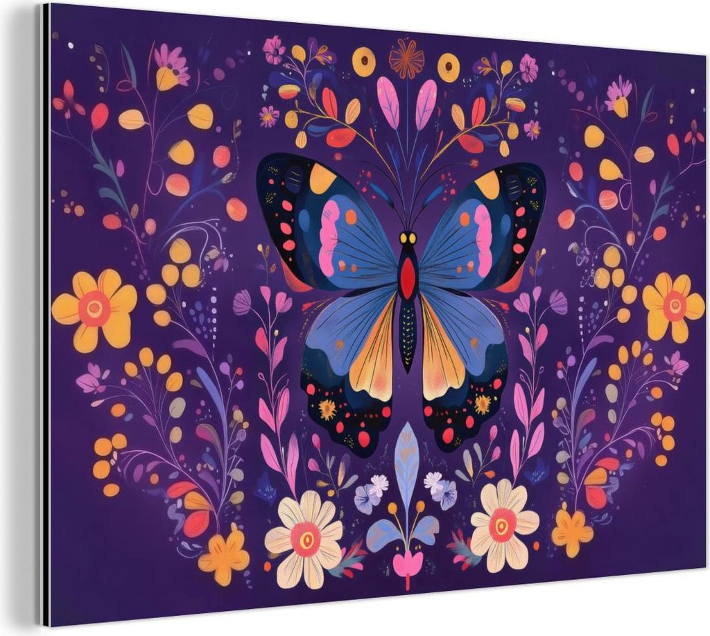 MuchoWow Wanddekoration Metall Metallbild Wandkunst 60x40 cm Verschnörkelt - Blumen - Schmetterling - Lila MuchoWow Aluminium Gemälde - Gemälder