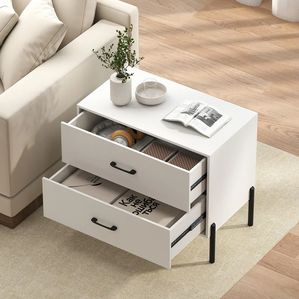 Commode de chambre à 2 tiroirs blanche, meuble de rangement 71 cm - 2