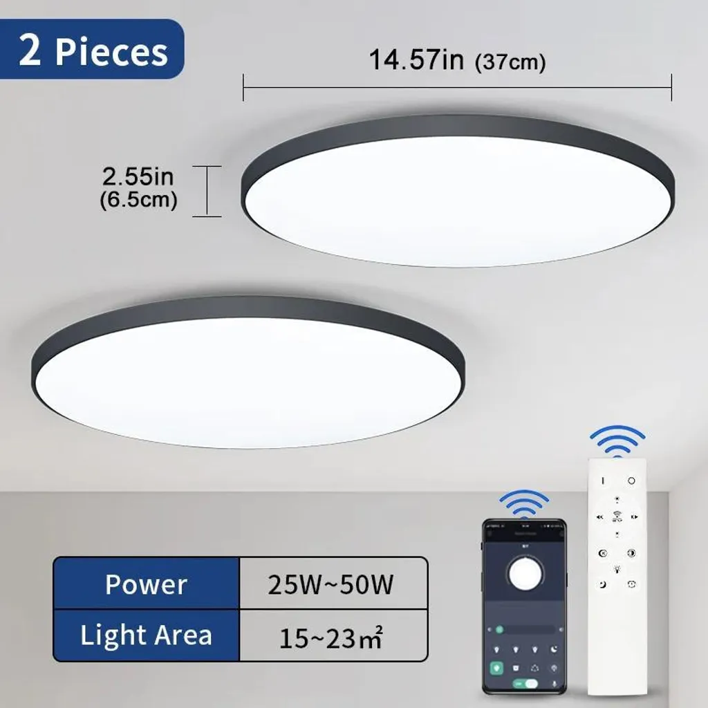 Plafonnier salon moderne 50W noir réglable pour éclairage intelligent