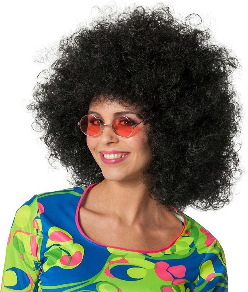 Schwarze Hippie Flower Power Locken-Perücke Produktbild 