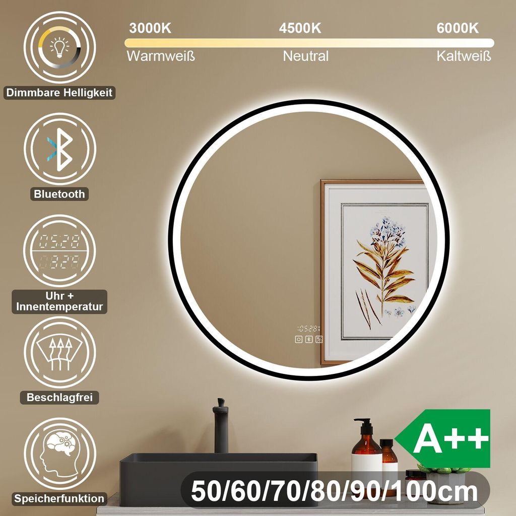 LED Badspiegel Rund 80cm mit Beschlagfrei Bluetooth Uhr 3 Produktbild 