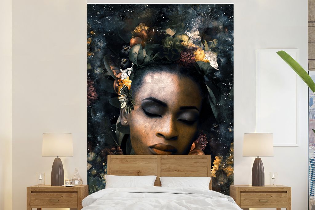 MuchoWow Fototapete für Wohnzimmer oder Schlafzimmer Wandtapete Vinyl Motivtapete Blumen - Frau - Gold - 225x350 cm - Schlafzimmer tapete