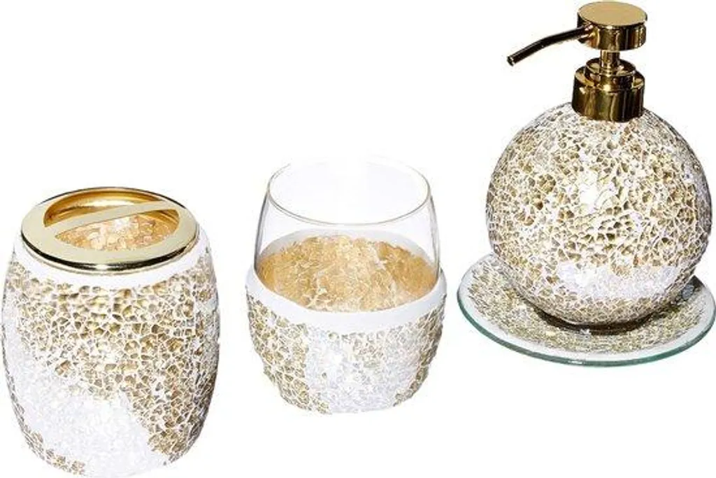 Décoration salle de bain jaune doré 4 accessoires verre pour vasque chic