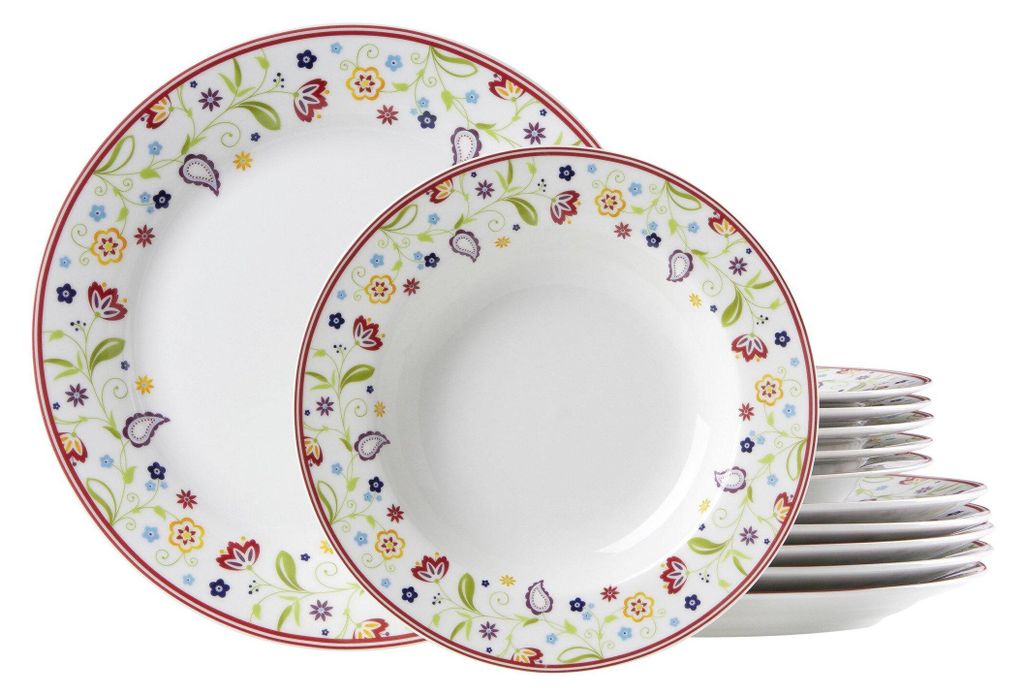 A set of dinnerware with a floral pattern.