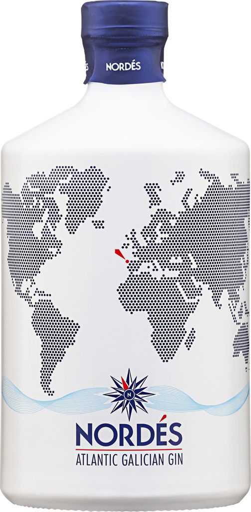 A bottle of Nordes Atlantic Galician Gin with a world map design.