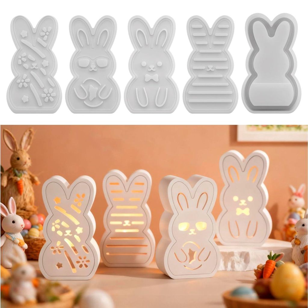 5-teiliges Silikon-Osterhasen-Formenset, Gipsformen zum Gießen von Osterhasen, Silikon-Federformen für selbstgemachte Osterdekorationen