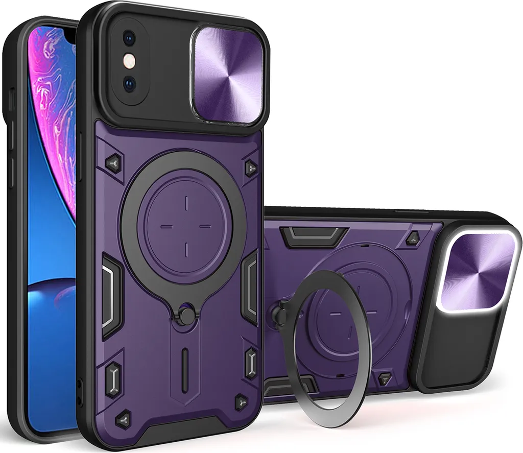 Cover Militare iPhone XS Max Viola: Dual Layer Shockproof e Camera Slide