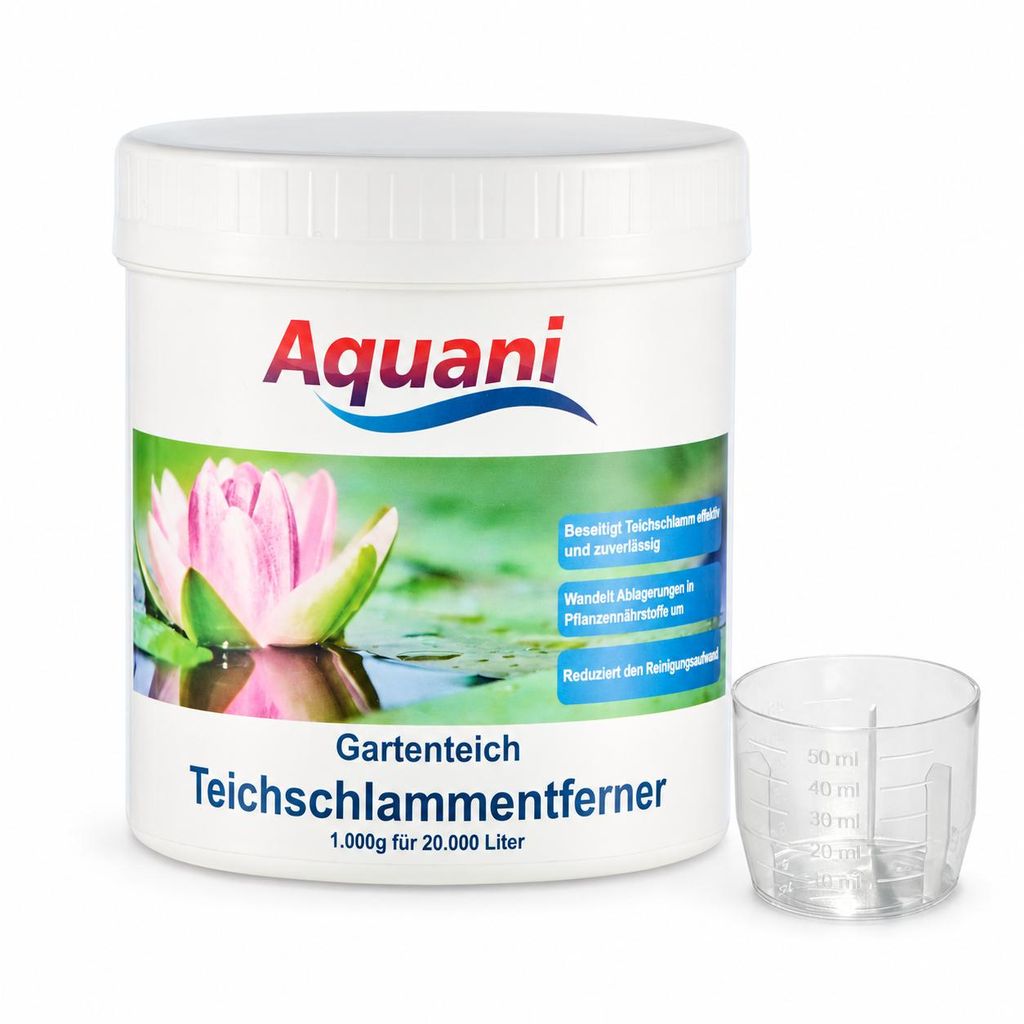 Aquani Teichschlammentferner, 1 kg mit Messbecher auf weißem Hintergrund KI-generiertes Bild