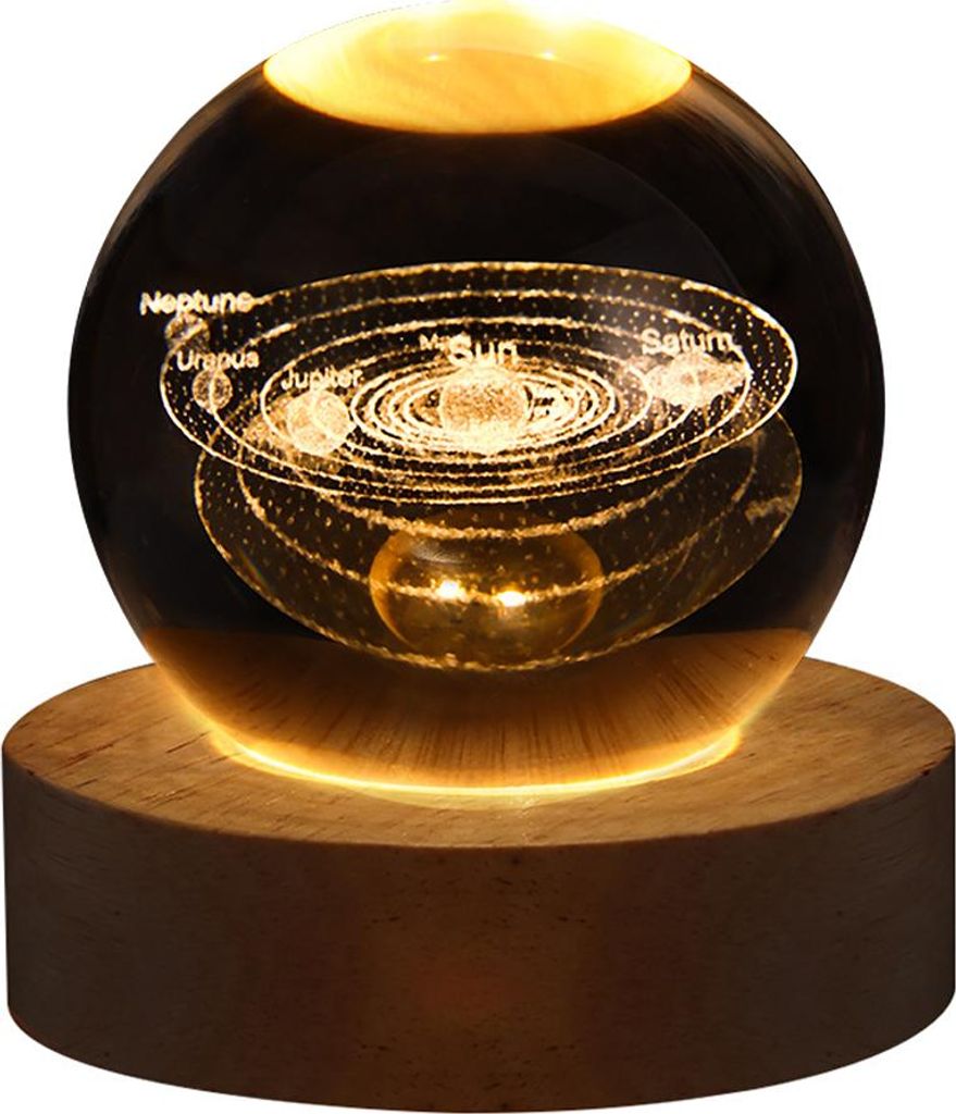 Kristallkugel-Nachtlicht, warmweißes Nachtlicht, Holzsockel,Solar system