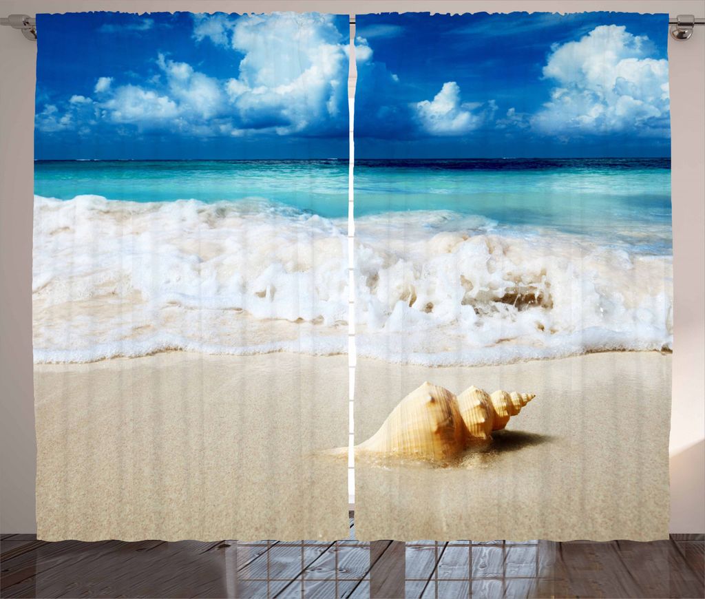 ABAKUHAUS Strand Rustikaler Vorhang, Nautical Sunny Küste, Wohnzimmer Universalband Gardinen mit Schlaufen und Haken, 280 x 245 cm, Aqua Blau Sand