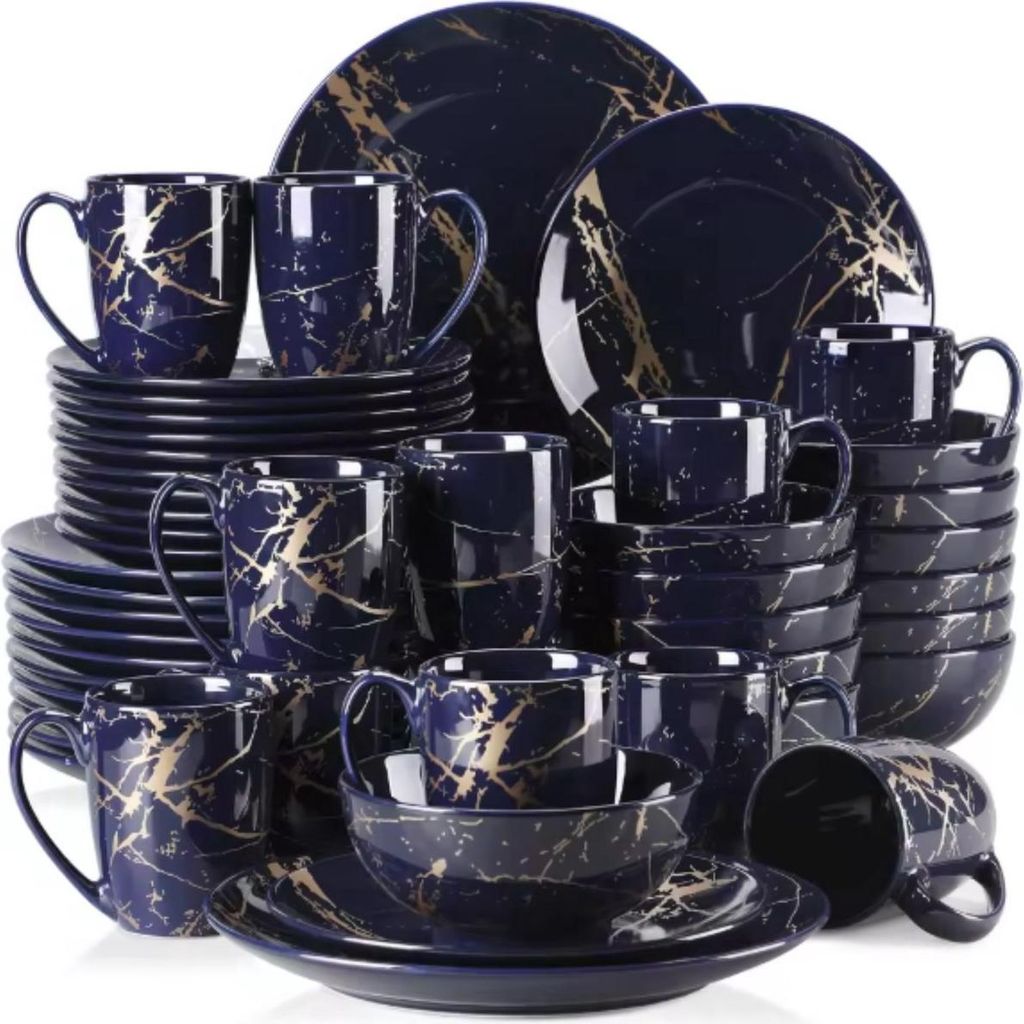 Royalis Serviesset – 48-teilig – 12 Personen – Dunkelblau/Gold – Tafelservices – Essteller – Tiefe Teller – Frühstücksteller – Se...