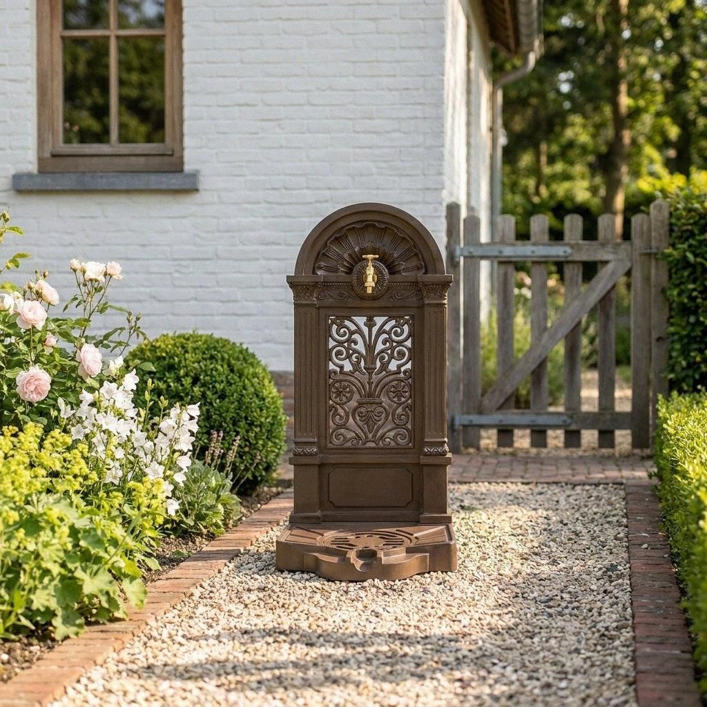 Stehbrunnen Aluminium braun lackiert mit Messinghahn, H.83 cm