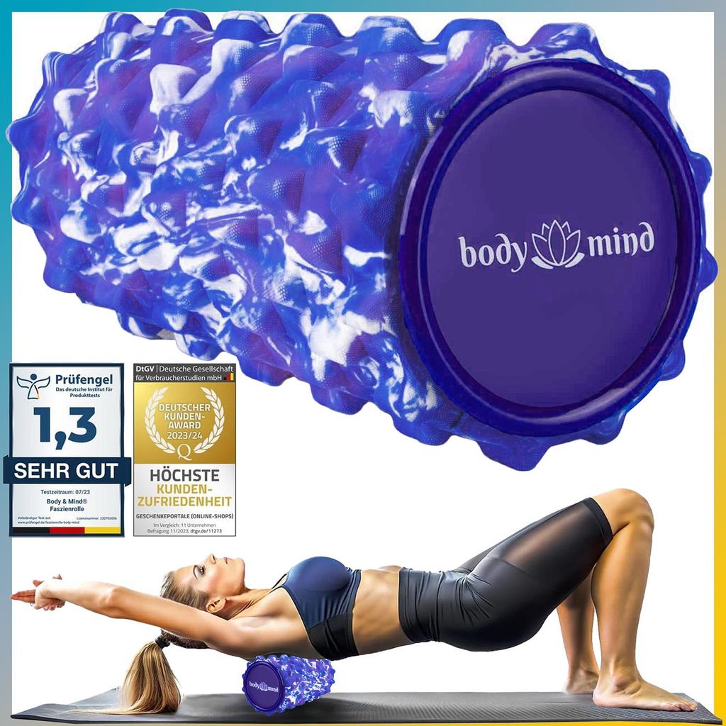 Body & Mind Faszienrolle Blau-Weiß 33x14,5cm Massage-Rolle für Fitness, Yoga, Pilates & Regeneration – Effektive Selbstmassage