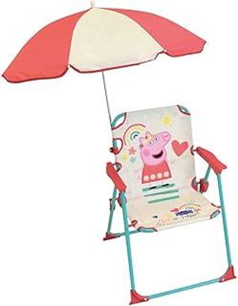 Fun House Kinder Peppa Pig Klappstuhl, Camping, Maße: H 38,5 x T 38,5 x T 37,5 cm + Sonnenschirm Ø 65 cm, Mehrfarbig