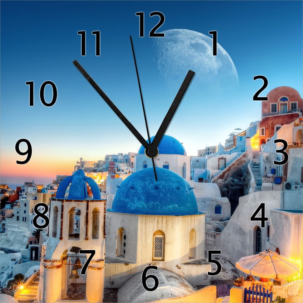 Wallario Design Wanduhr Urlaub auf Santorini aus Echtglas, Größe 30 x 30 cm
