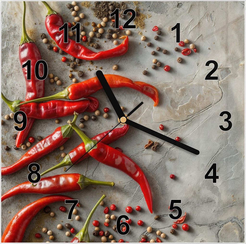Wanduhr aus Glas mit Motiv Chili Schoten- 30 x 30 cm - inkl. Aufhängesystem
