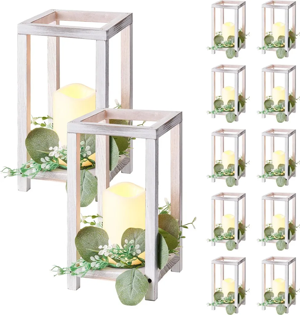 Lanterne en bois blanc lot de 12 avec bougies LED et couronnes eucalyptus