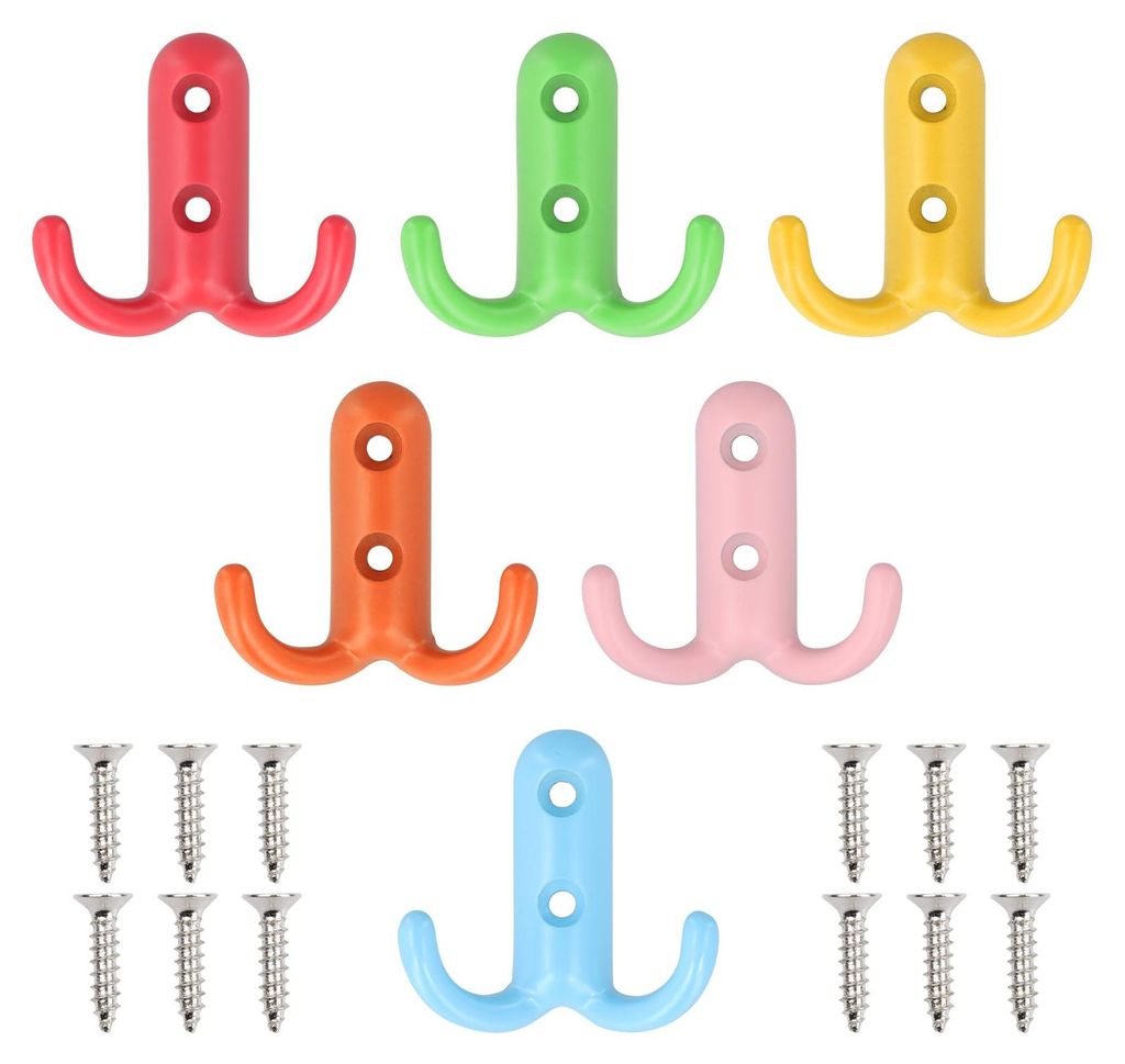 Set mit 6 farbenfrohen Kindergarderobenhaken, kleinen Metallhaken mit 12 Schrauben, Doppelgarderobenhaken, Retro-Wandhaken, Vintage-Garderobenhaken...
