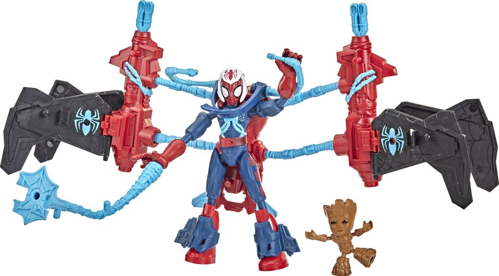 A Spider-Man action figure with accessories and a small Groot figure on a white background.